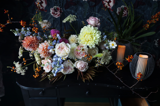 Forevermark Botannic Garden-Style Wedding Centerpiece | Dahlias • Roses • Delphinium